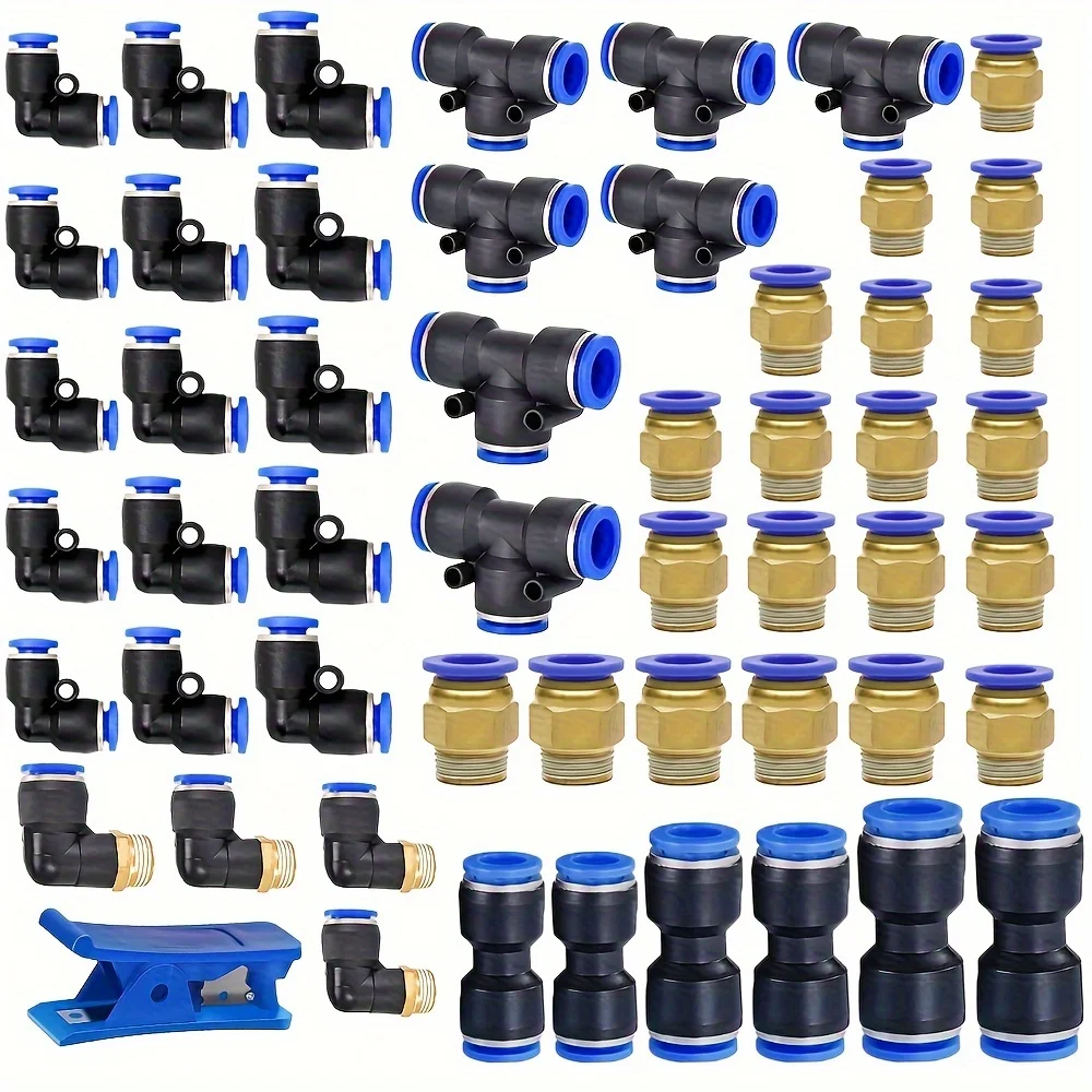 

53 PCS Push-to-Connect Fittings Kit - Quick Connectors with Barbs for 1/4", 3/8", 1/2" Air Hoses - Air Hose Fittings