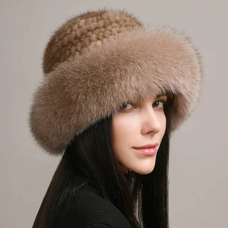 Real Mink Fur Hat Winter Fashion Woven Fur Hat Luxury Handmade Knitted Fur Caps Natural Fur Ear Protective Caps Thick Bomber Hat