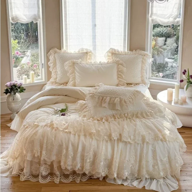 French Style Premium Feel Cotton Long-staple Cotton Four Piece Bed Cover Set Princess Style Lace Lace Duvet Cover Bedding 5