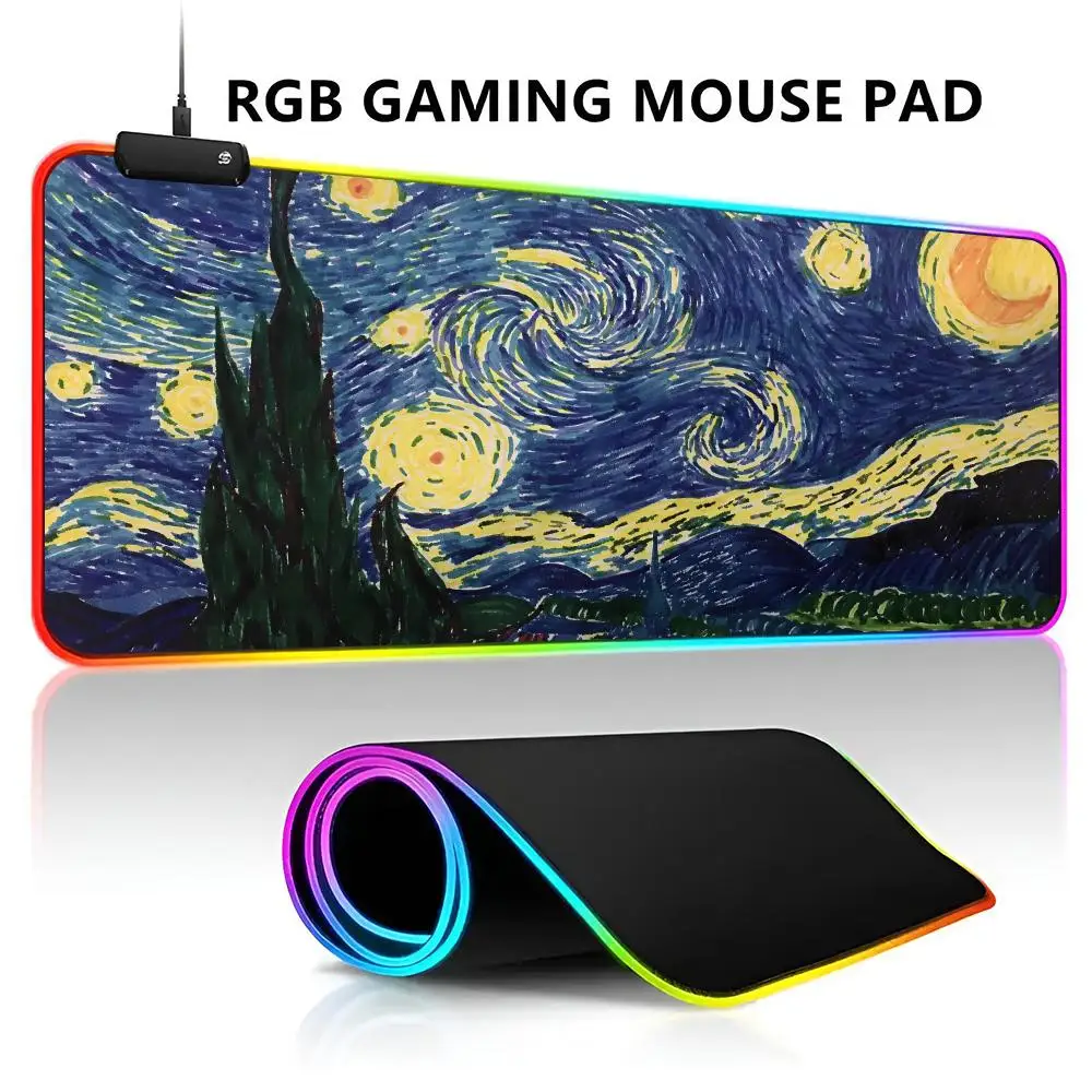 

Коврик для мыши Art Van Gogh RGB со светодиодной подсветкой, игровой коврик для мыши, водонепроницаемый большой ковер для геймерской мыши, большой коврик для клавиатуры Mause, игровой коврик для ПК, стол