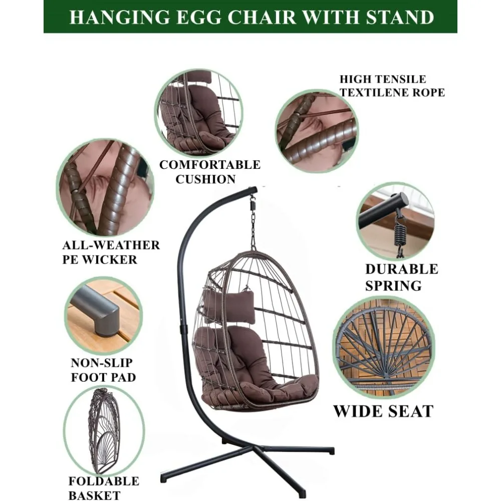 Egg Chair with Stand, 450lbs Capacity Patio Wicker Hanging Swing Chair with Foldable Seat Basket, Egg Chair