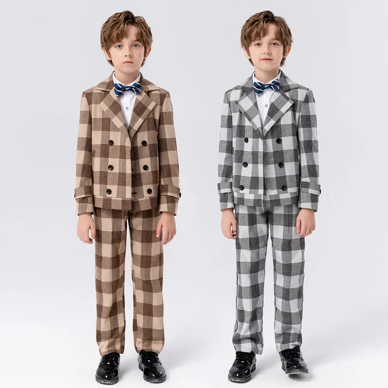 

Boys Black Slim Fit Suits Formal Wear Children Teenagers Groomsman Performance Host Clothes Kids Plaid Students Party Full Dress