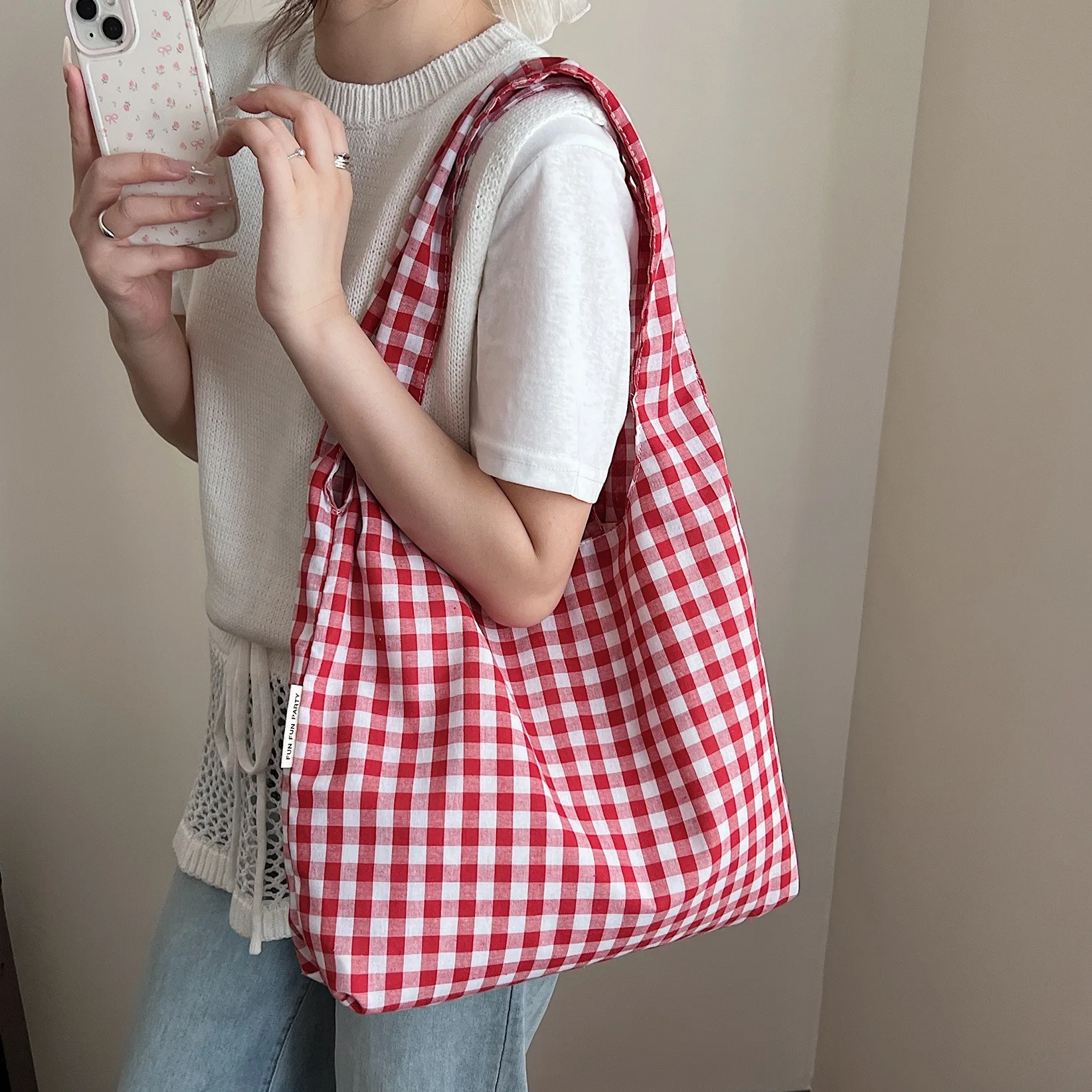Korean Vintage Plaid Shoulder Bags for Women Large Capacity Lightweight Ladies Vest Bag Versatile Female Shopping Tote Handbag