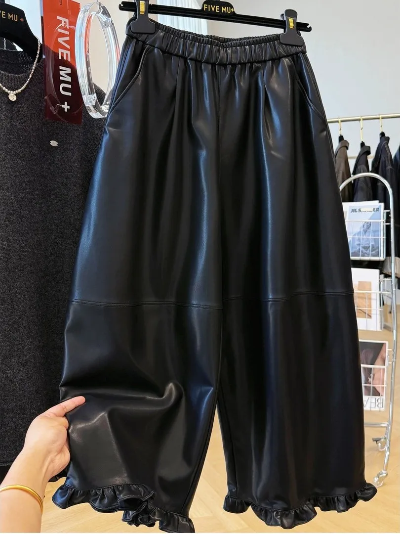 

plus Size Elastic Waist Slimming Wide Leg Pants Casual ex Leather Pants Autumn Winter New Sle American Faion Versatile