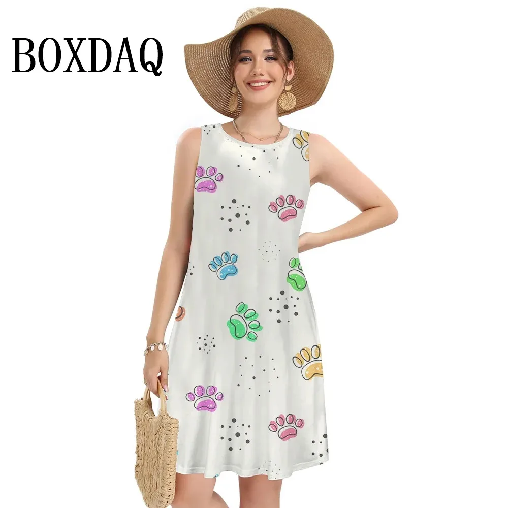 Summer Women Tank Dresses Cute Dog Paw Print Knee-Length Short Dress Loose Plus Size Sleeveless Beach Dresses Sundress S-3XL