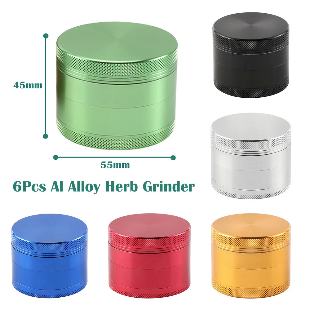 

6Pcs 55mm Al Alloy Herb Mills 4-parts Tobacco Grinder Durable Metal Spice Crusher Smoking Accessories for Smoker Gifts