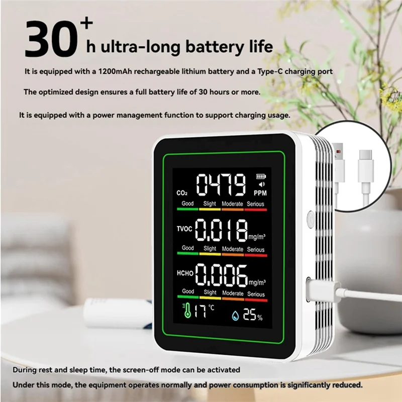 A98E-室内空気品質モニター、CO2 モニター/温度/ホルムアルデヒド検出器 TVOC 部屋用、ブラケット付き成長テント