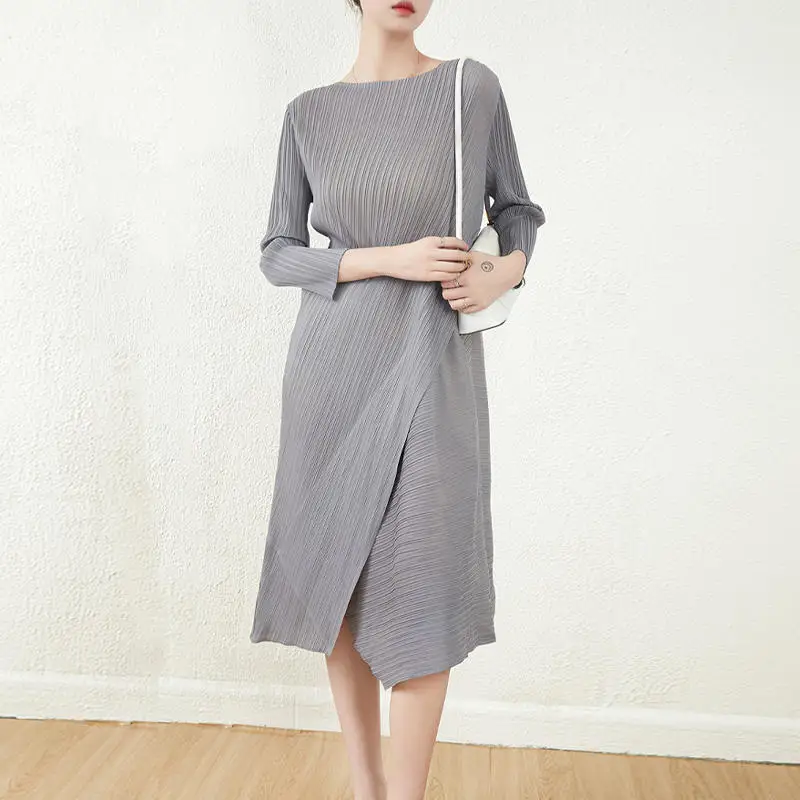 

Pleated Solid Color Dress For Women Round Neck Loose Mid-calf Dresses Office Lady Female Fashion 2025 Spring