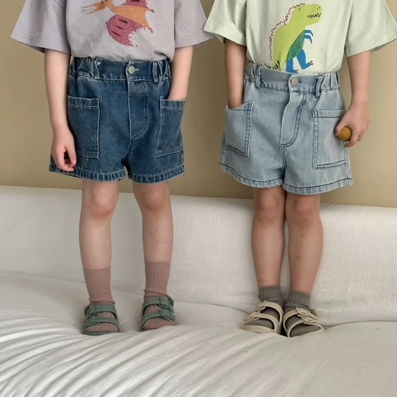 

2025 New Children's Outwear Knee-length Pants Summer Kids Baby Shorts Big Pockets Boys and Girls Solid Color Loose Denim Shorts