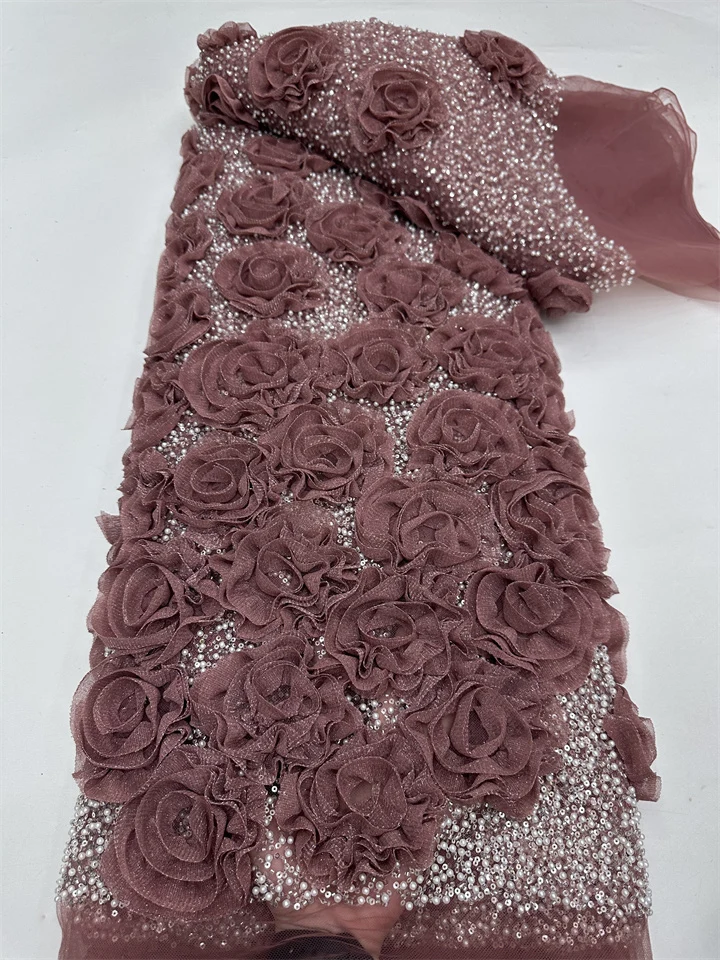 

African Lace Fabric 2026 High Quality French 3D Flower Sequins Embroidery Beads Tulle Lace Fabric for Party Dress NRF6349
