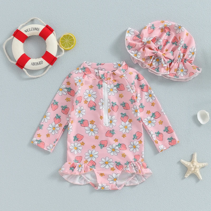 

Kids Girls Rash Guard Swimsuit Rompers Long Sleeve Strawberry Print Ruffles Zipper Toddler Bathing Suit Swimwear with Swim Cap