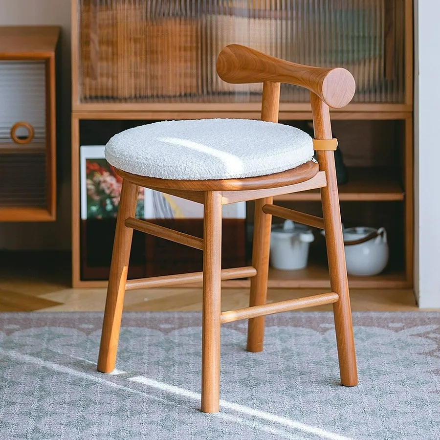 Household solid wood small stool cherry wood dressing stool makeup stool with backrest round stool chair