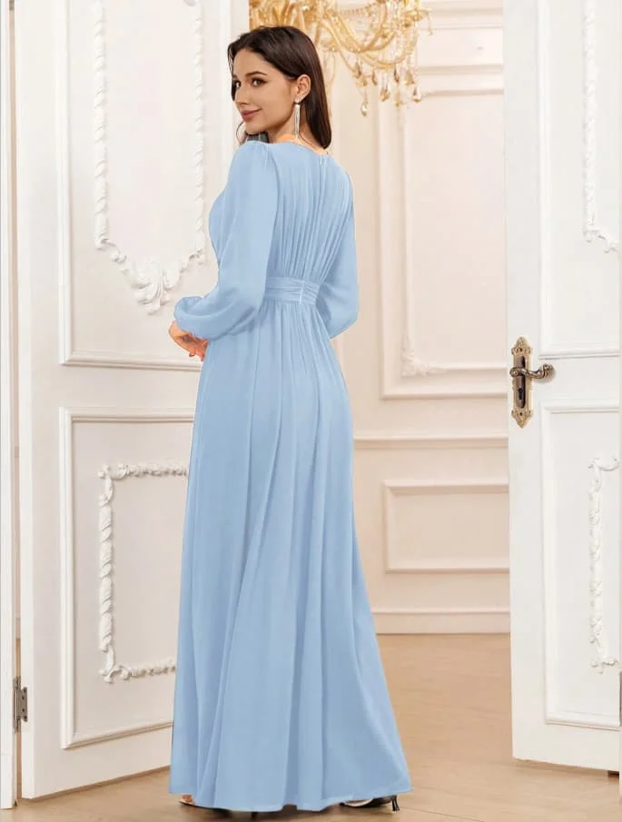 Langes Kleid mit Rundhalsausschnitt, geraffter Taille, Laternenärmeln, breitem Taillenbund und fließendem, elegantem, konservativem Schnitt – Detail 5