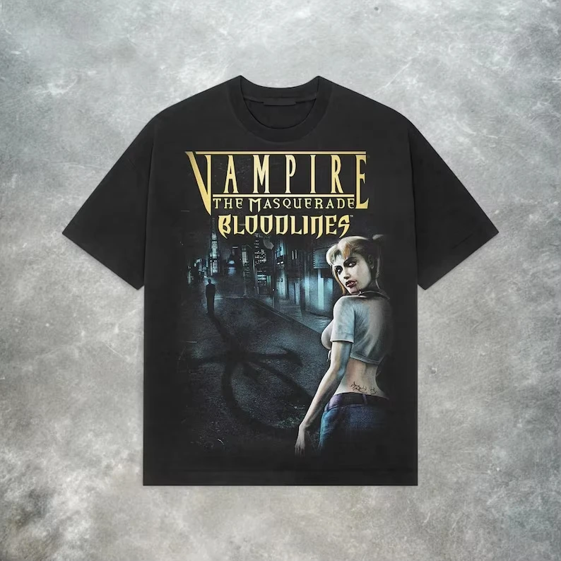 Camiseta de videojuego retro estilo Y2K de Vampire: The Masquerade - Bloodlines, top de algodón para parejas para todas las estaciones