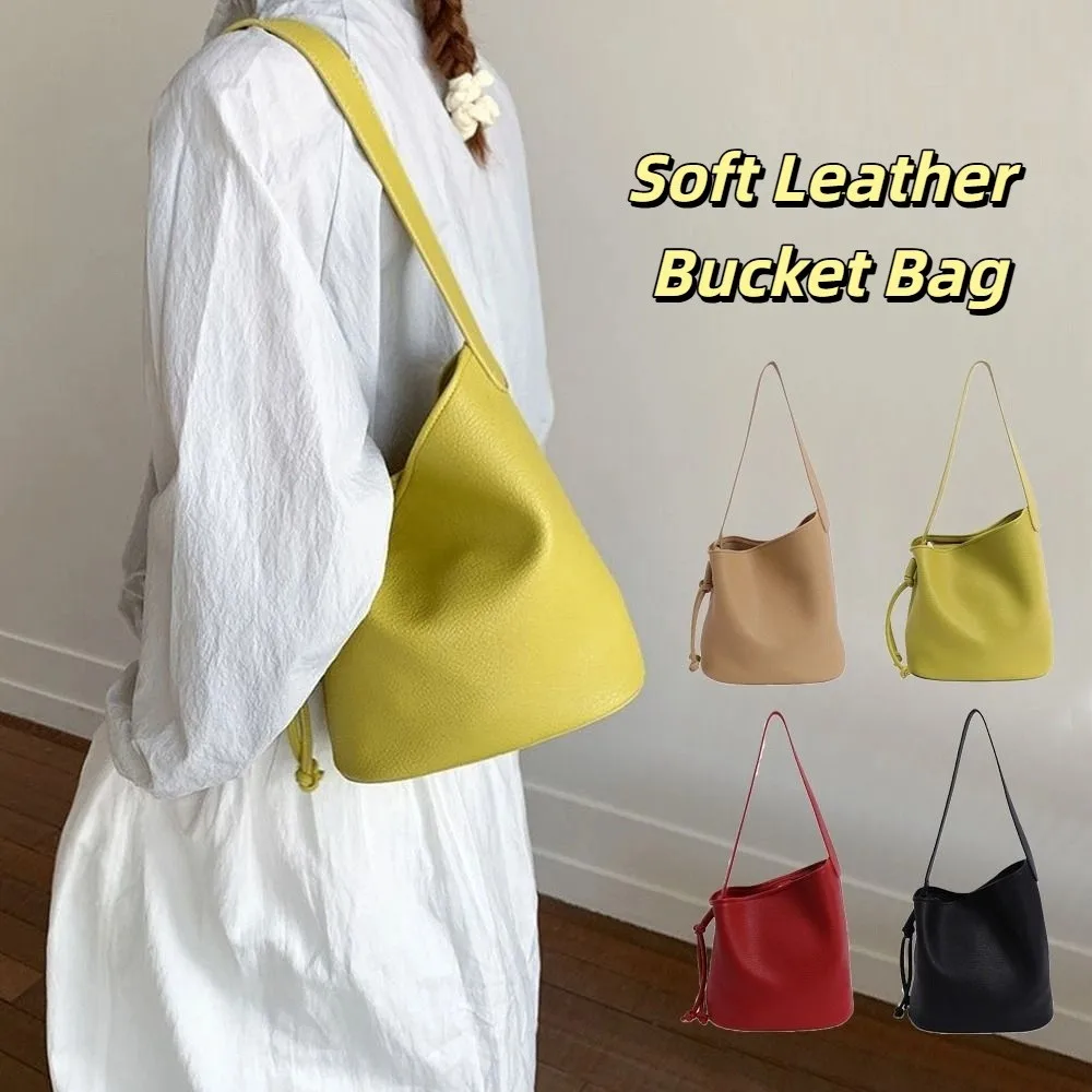 

Trendy Solid color Women Shoulder Bag Korean Pu Leather Soft Leather Bucket Bag Leisure Commute Underarm Bag Girls