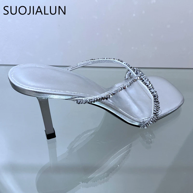 SUOJIALUN 2022 New Brand Women Slipper Fashion Carystal Narrow Band Ladies Sandal Round Toe Thin High Heel Elegant Slides Shoes