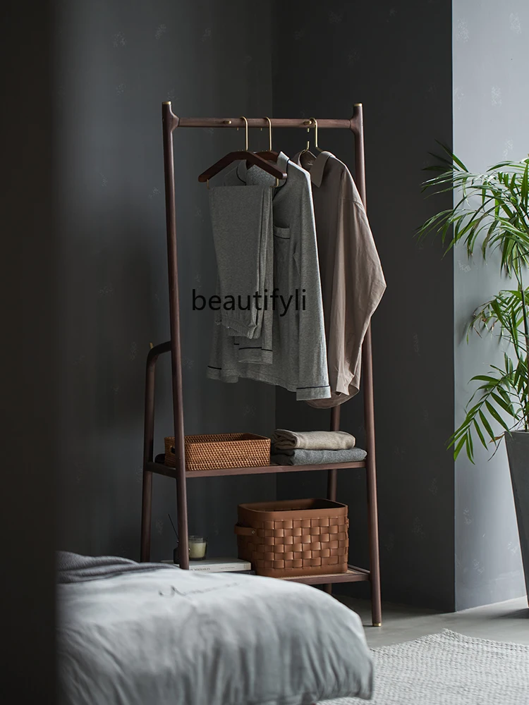 

Solid Wood Hanger Floor Bedroom Black Walnut Wooden Shelf Multi-Functional Hallway Coat Rack