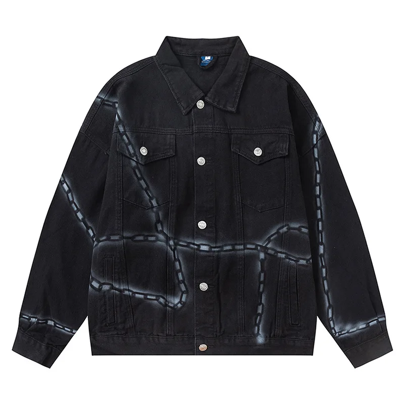 Men's Jackets Ins Denim Y2k Iron Chain Print Loose Casual Hip Hop Coats Cowboy Vintage Youth Fashion Cityboy High Street