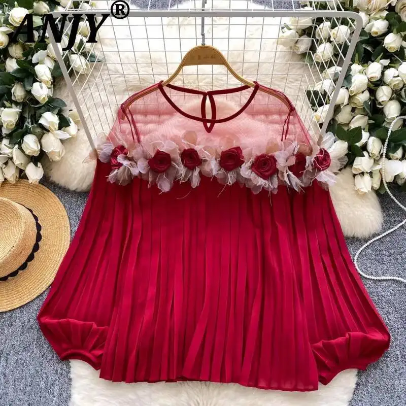 

ANJY Spring Summer New Women Trendy Three-dimensional Floral Mesh Patchwork Lantern Sleeve Pleated Loose Casual Ins Shirt A23934