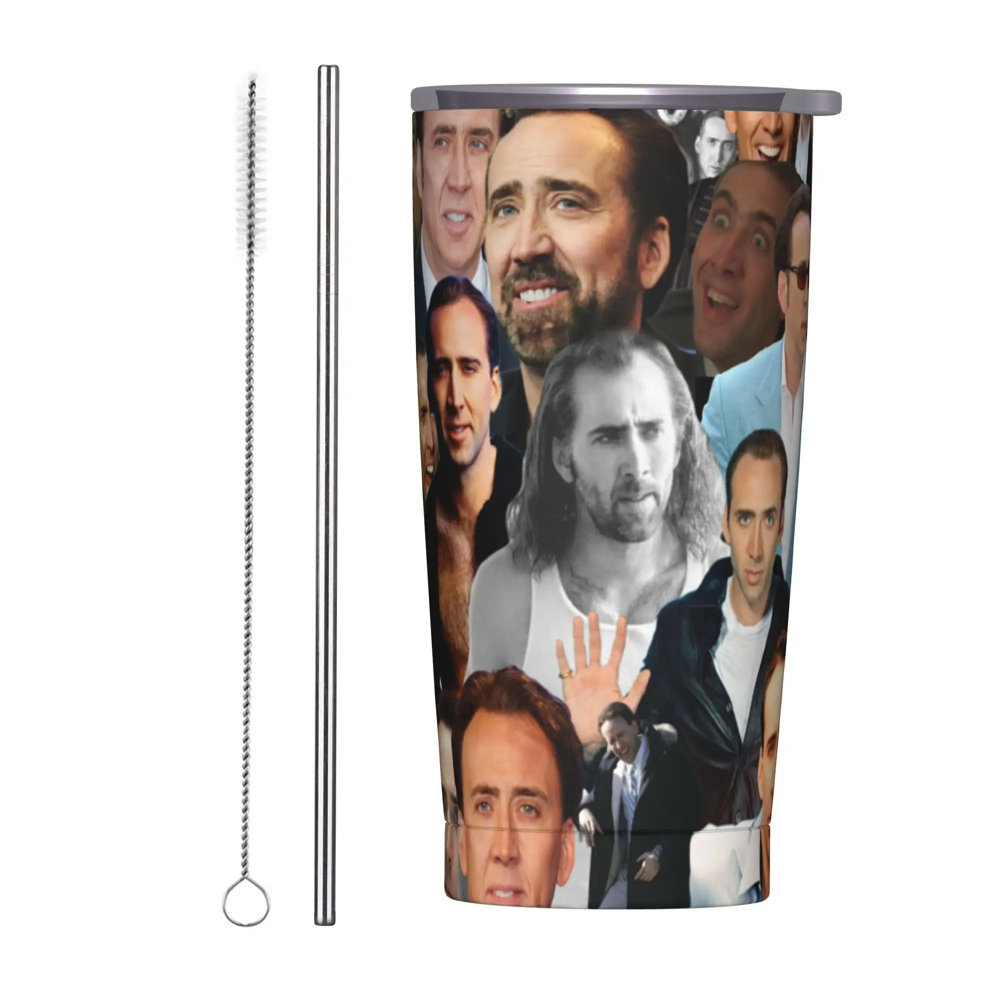 Nicolas Cage Collage Tumbler Vacuum Insulated Funny Face Printed Thermal Cup with Lid Straw Double Wall Mug Water Bottle, 20oz