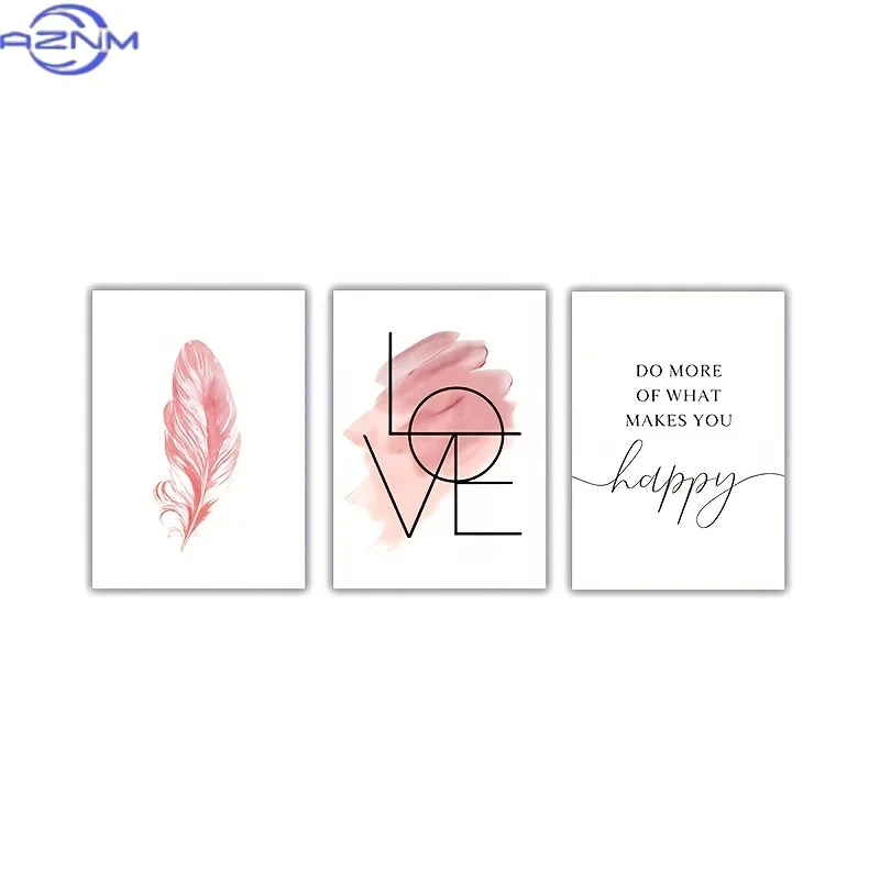 3pcs Set Blush Pink Wall Art Feather Canvas Painting Inspirational Quote Poster And Print Love Sign Picture for Girl Room Decor
