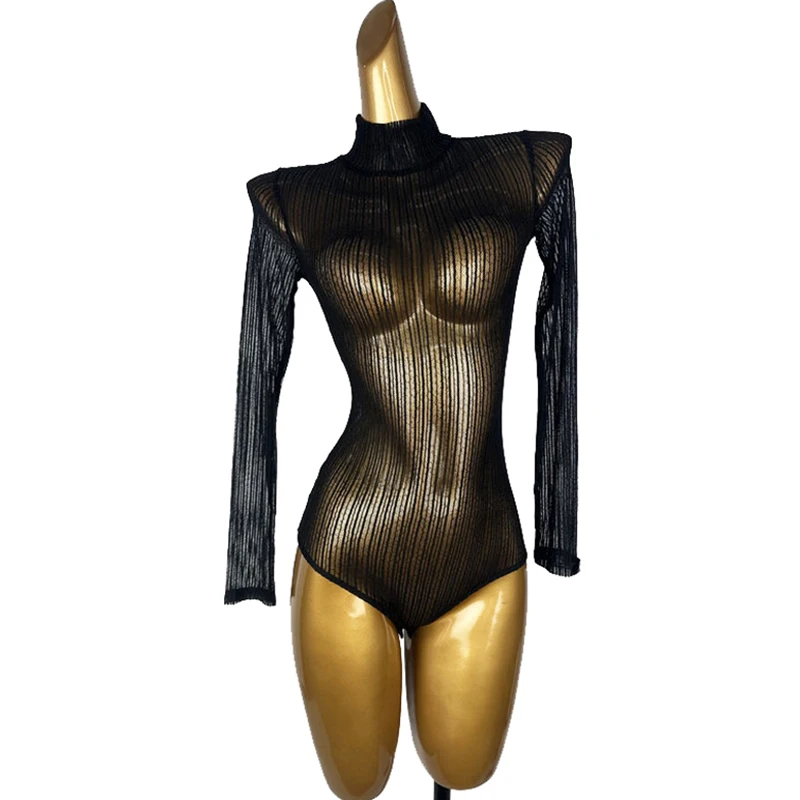 

2025 New Latin Dance Clothes Women's Black High Neck Long Sleeve Bodysuit Set Training Costume Adult Samba Dance Clothing XH1815