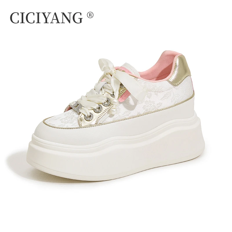 

CICIYANG Sneakers Ladies Lace-up 2024 Spring New Platform 8cm High Heels Women Sports Shoes Women Inner Height Small White Shoes