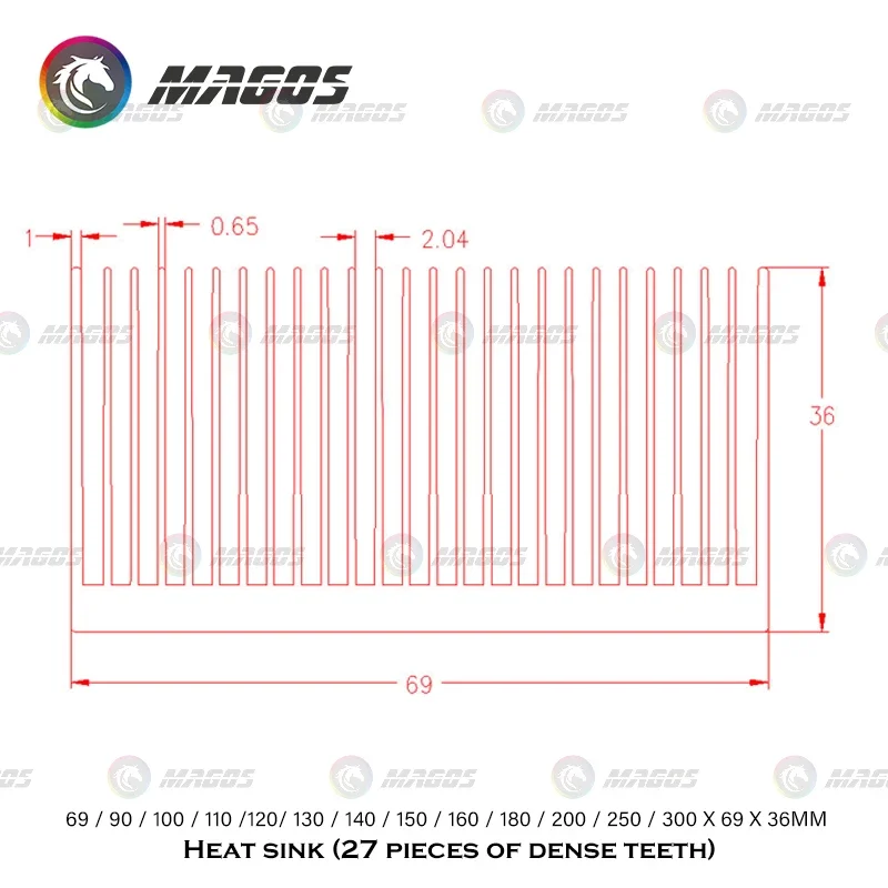 Electronic Radiator Aluminum Dense teeth Heatsink Extruded Heat Sink Computer Water Cooling System 100/130/150/200/300x69x36MM