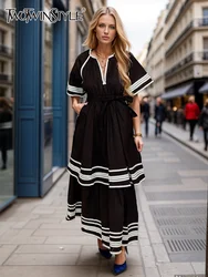 TWOTWINSTYLE Colorblock Striped Dresses For Women Round Neck Short Sleeve High Waist Spliced Ruffled A Line Dress Female Style