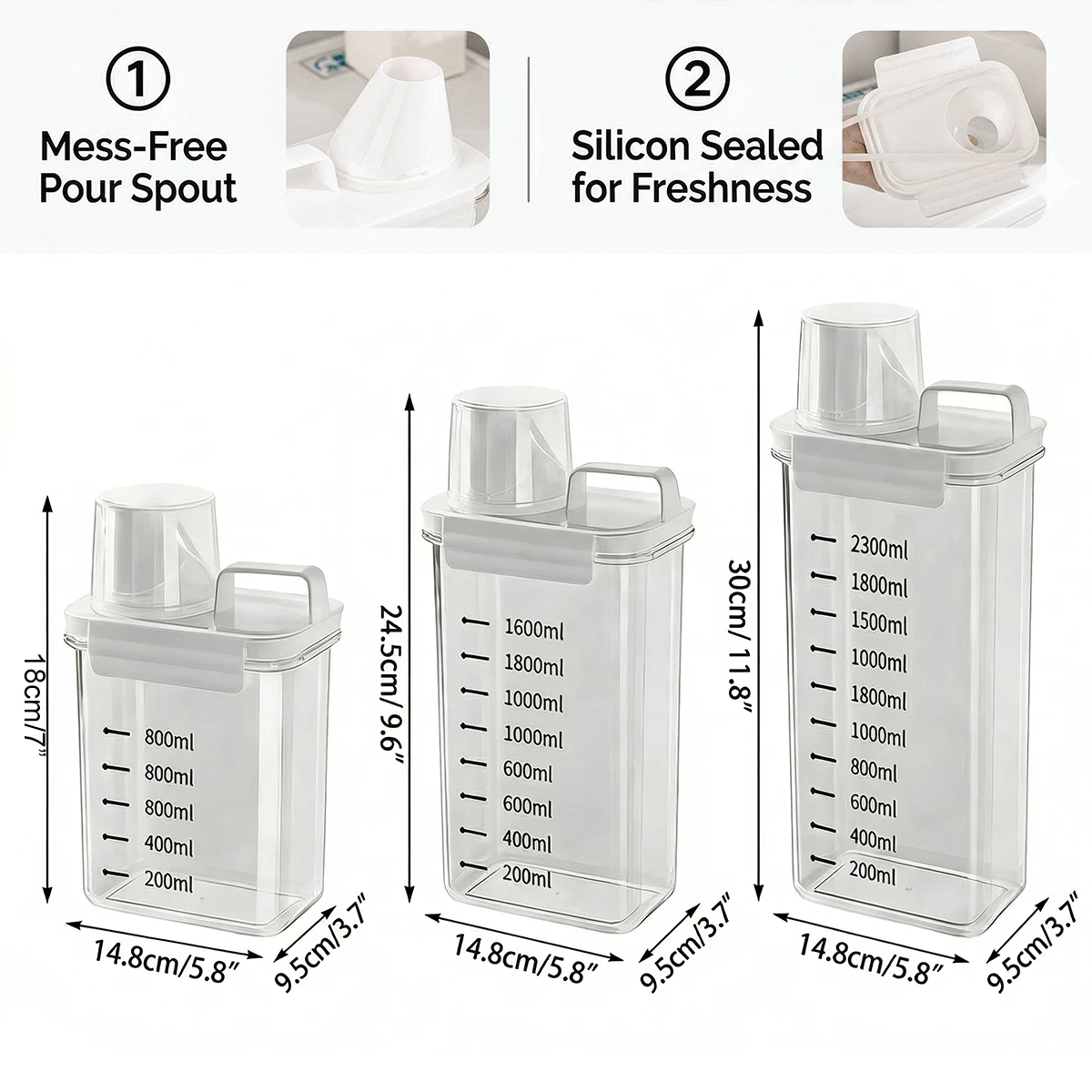 Laundry Detergent Dispenser for Powder & Liquid - Airtight Storage Container with Measuring Cup Lid, Clear Container for Laundry
