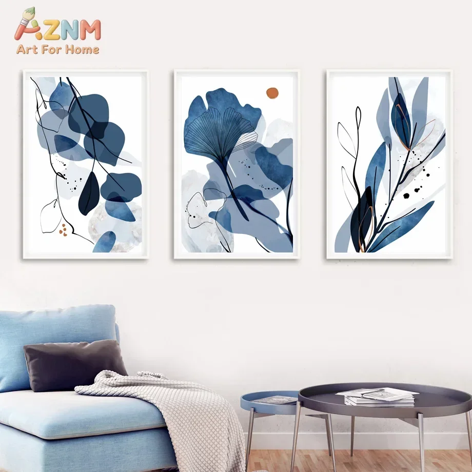 AZNM Boho Blue Abstract Wall Art Canvas Print Modern Geometric Botanical Leaf Frameless Painting For Living Room Bedroom Decor