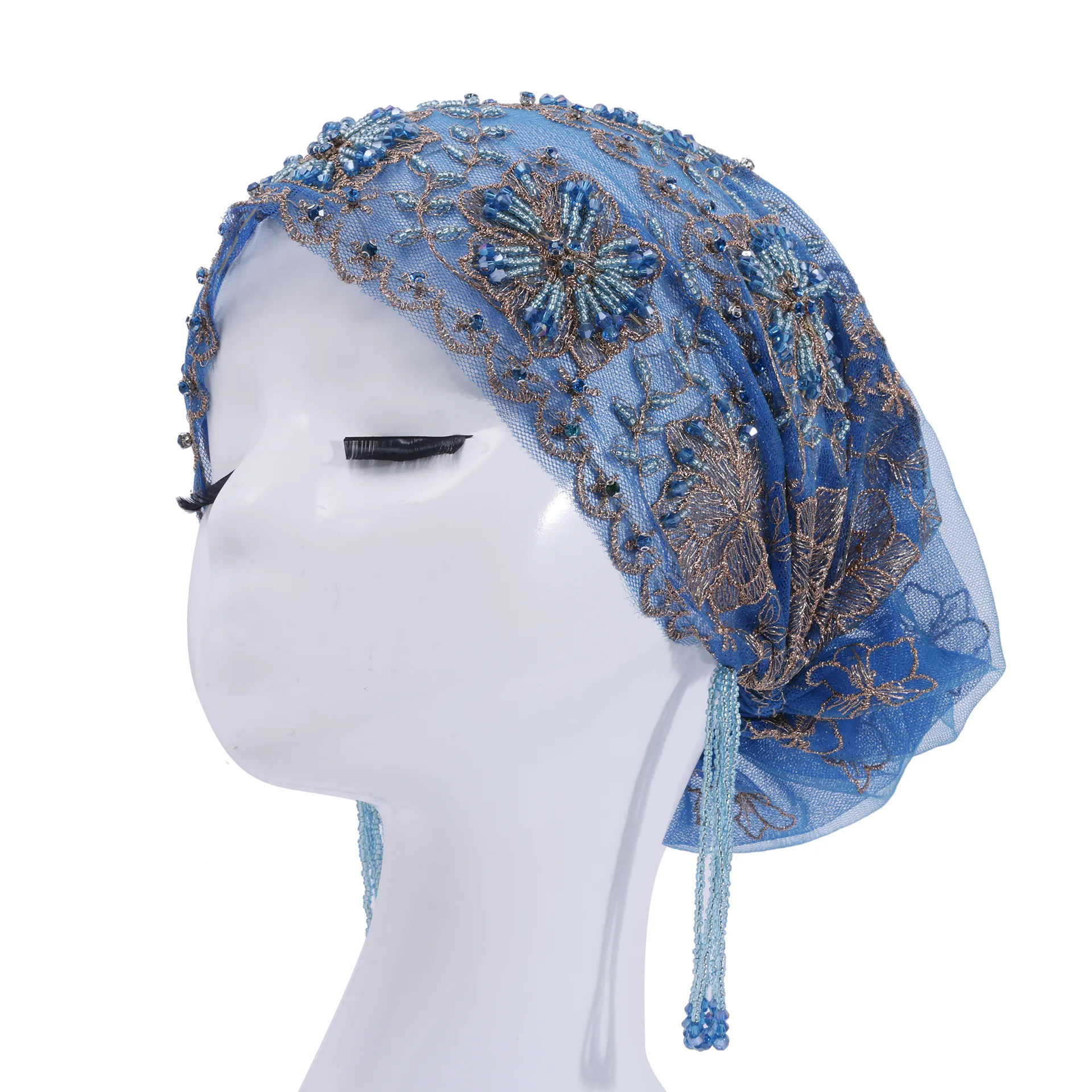 

Muslim Hijab Mesh Headscarf Turban Cap Tassel Beads Headwear Women Lace Embroidery Head Wrap Bonnet Beanies Hat Turbante Mujer