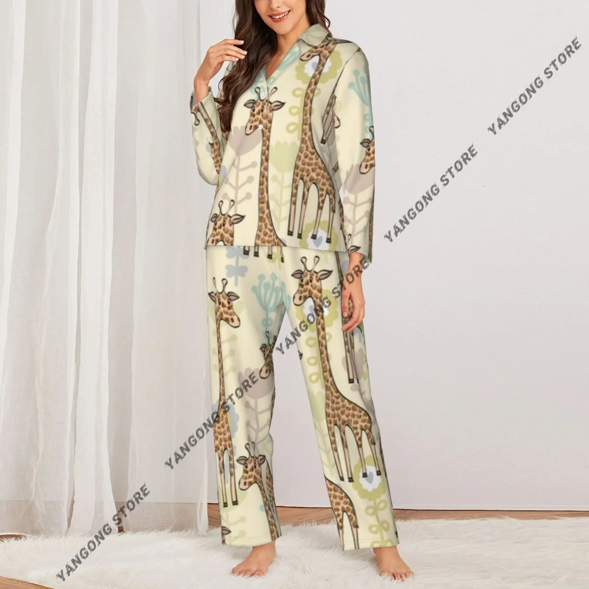 Women Sleepwear Loungewear Cute Giraffes Pastel Background Long Sleeve Lapel Neck Shirt and Elastic Waist Pants Pajamas Set