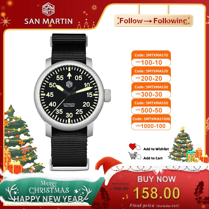 

San Martin Watch 40mm Simple Retro Pilot Style Steel Automatic Mechanical Watches for Men Waterproof 10Bar C3 Luminous SN0143