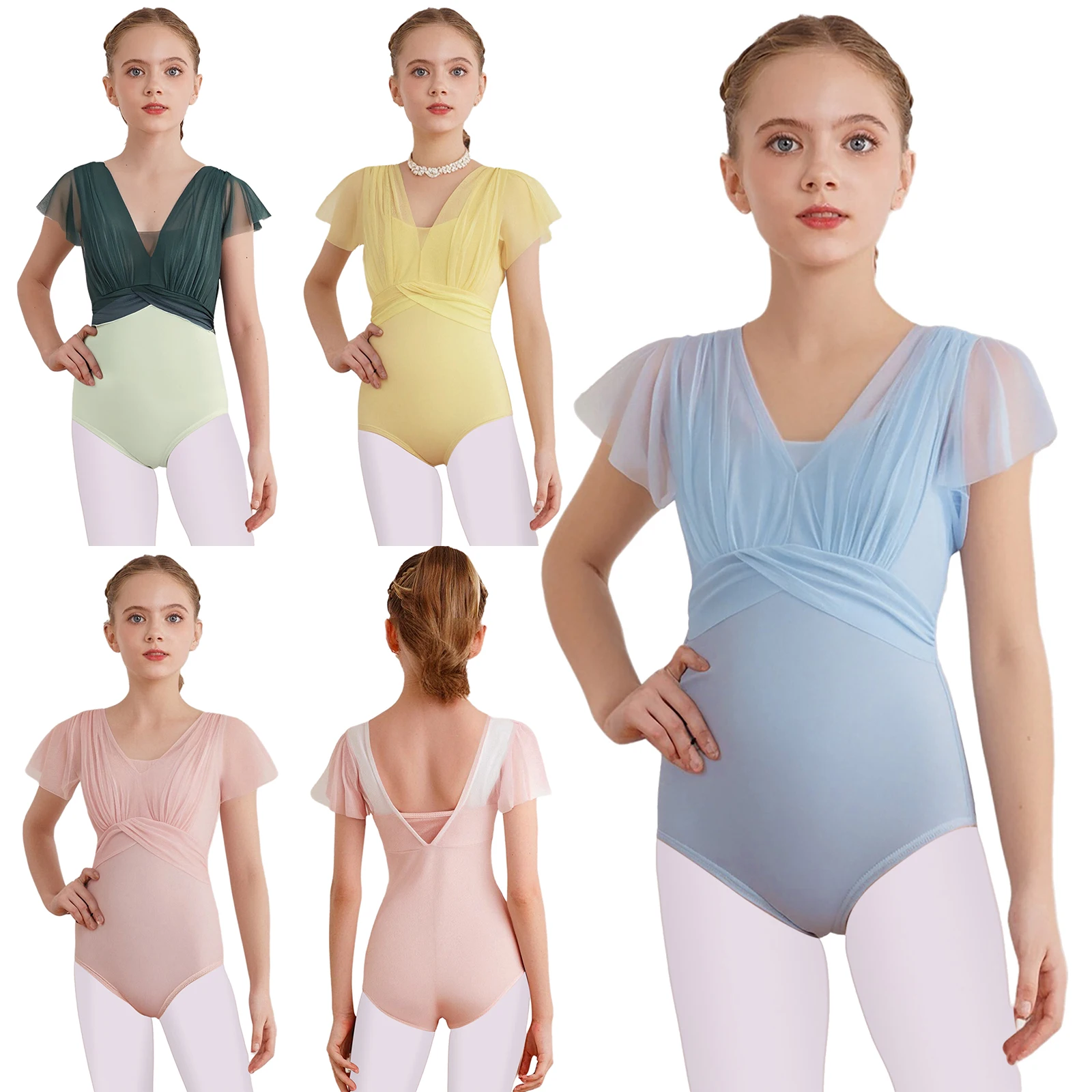 Meisjes Professioneel Ballet Yoga Danskostuum Ruches Mouwen Ruches Sheer Mesh Overlay Lijfje Ballet Turnpakje Ballet Danskleding