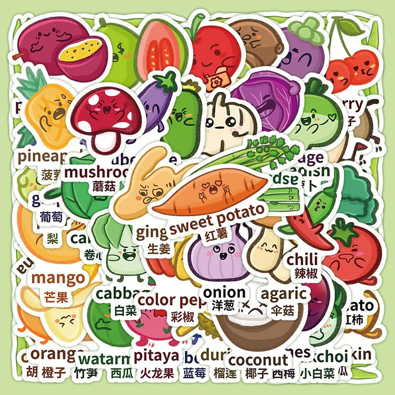 60 cartoon English vegetables and fruits stickers ins children's cognitive toys decorative stickers fun stickers