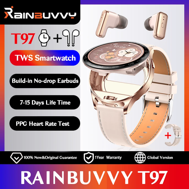 

Rainbuvvy T97 TWS Build-in Earbuds Watch 1.39inch With Wireless Earphones Blutooth Call Heart Rate Test Smart Watch