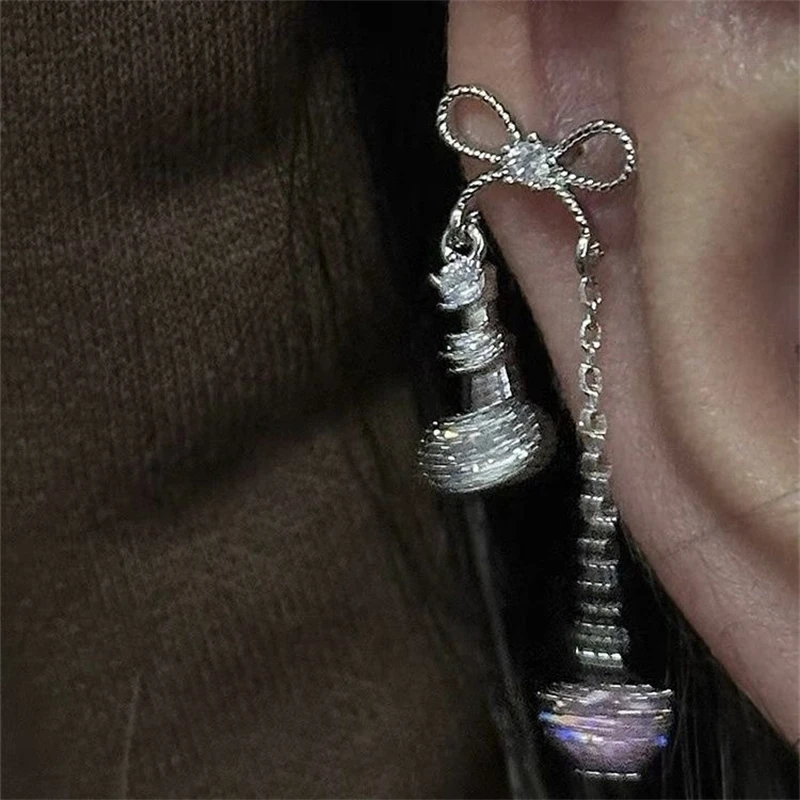 1pcs Bowknot Heart Long Pendant 316L Stainless Steel Ear Bone Nail for Women Silver Color Cochlear Nail Earring Y2K Punk Jewelry