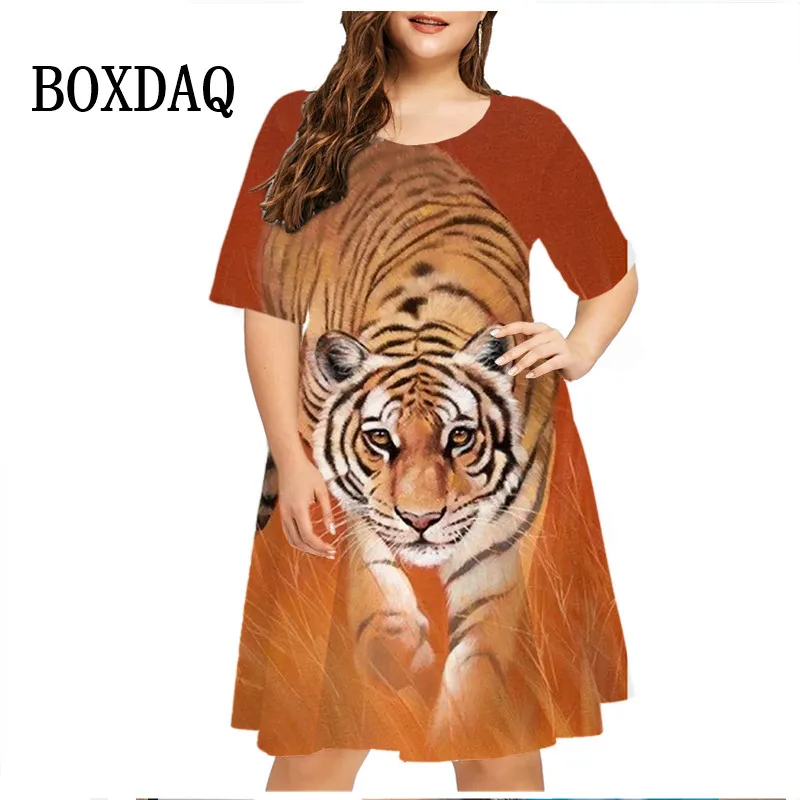 2024 Summer Fashion Tiger Graphic Dress Women Casual Print Trend Short Sleeve Dress Oversized Harajuku Animal Pattern Streetwear