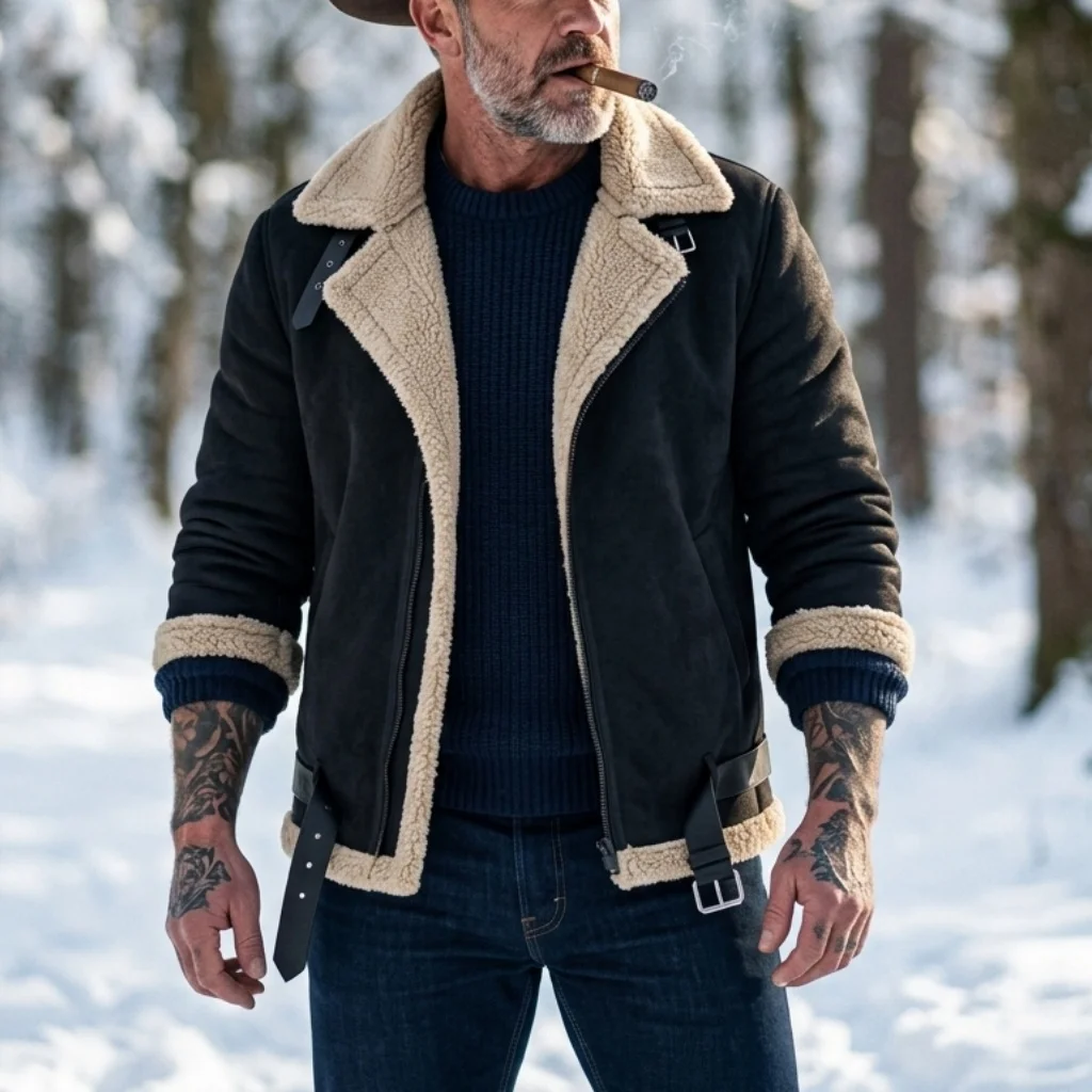 Men Winter Faux Suede Jacket Fleece Lined Warm Plush Coat Hunting Hiking Windproof Casual Streetwear Winter Male Outerwear
