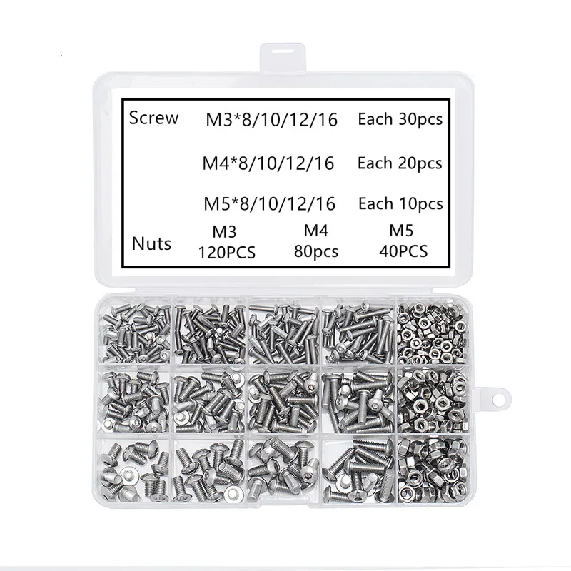 

480Pcs/set M3 M4 M5 304 Stainless Steel A2 Round Head Screws Mushroom Hexagon Socket Button Head Screws Kit