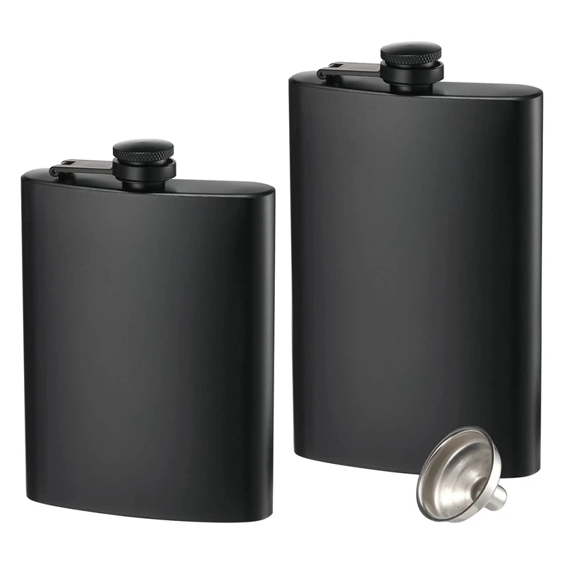 

2 Pack Hip Flasks For Liquor, 8 Oz Stainless Steel Leakproof Thin Flasks With Funnel For Men & Women (Matte Black)