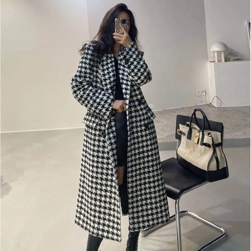 

Women'S 2024 Autumn And Winter New Fashion Classic Thousand Bird Checker Mid Length Over Knee Woolen Coat