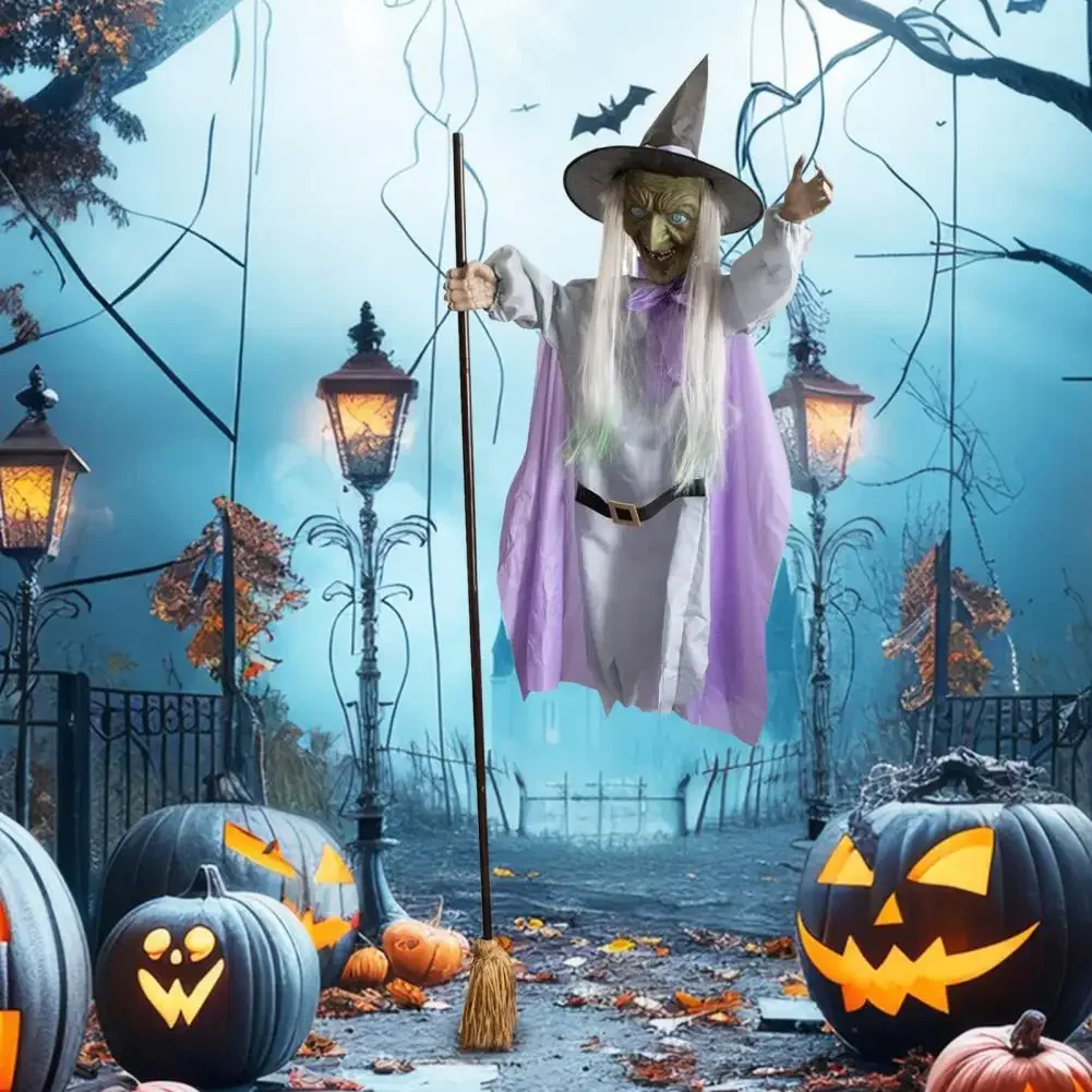 Halloween Flying Witch Decoration Witch Prop with Glowing Eyes Patio Sounding Flying Levitating Witch Decoration