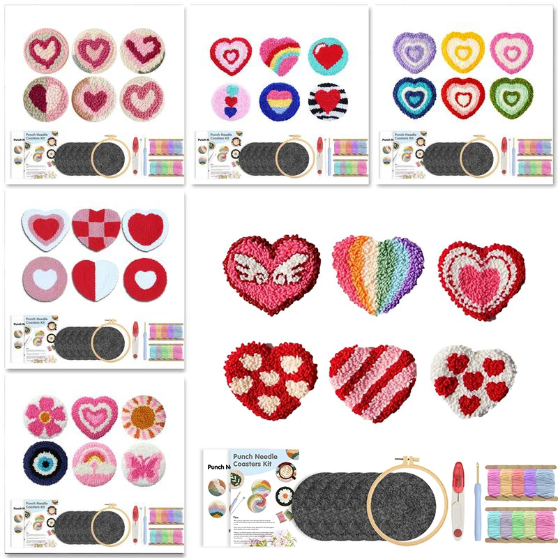 

Valentine's Day Embroidery Kit Punch Needle Set Coaster Love Heart Cross Stitch Hand Tufted Magic DIY Craft Arts Sewing Set
