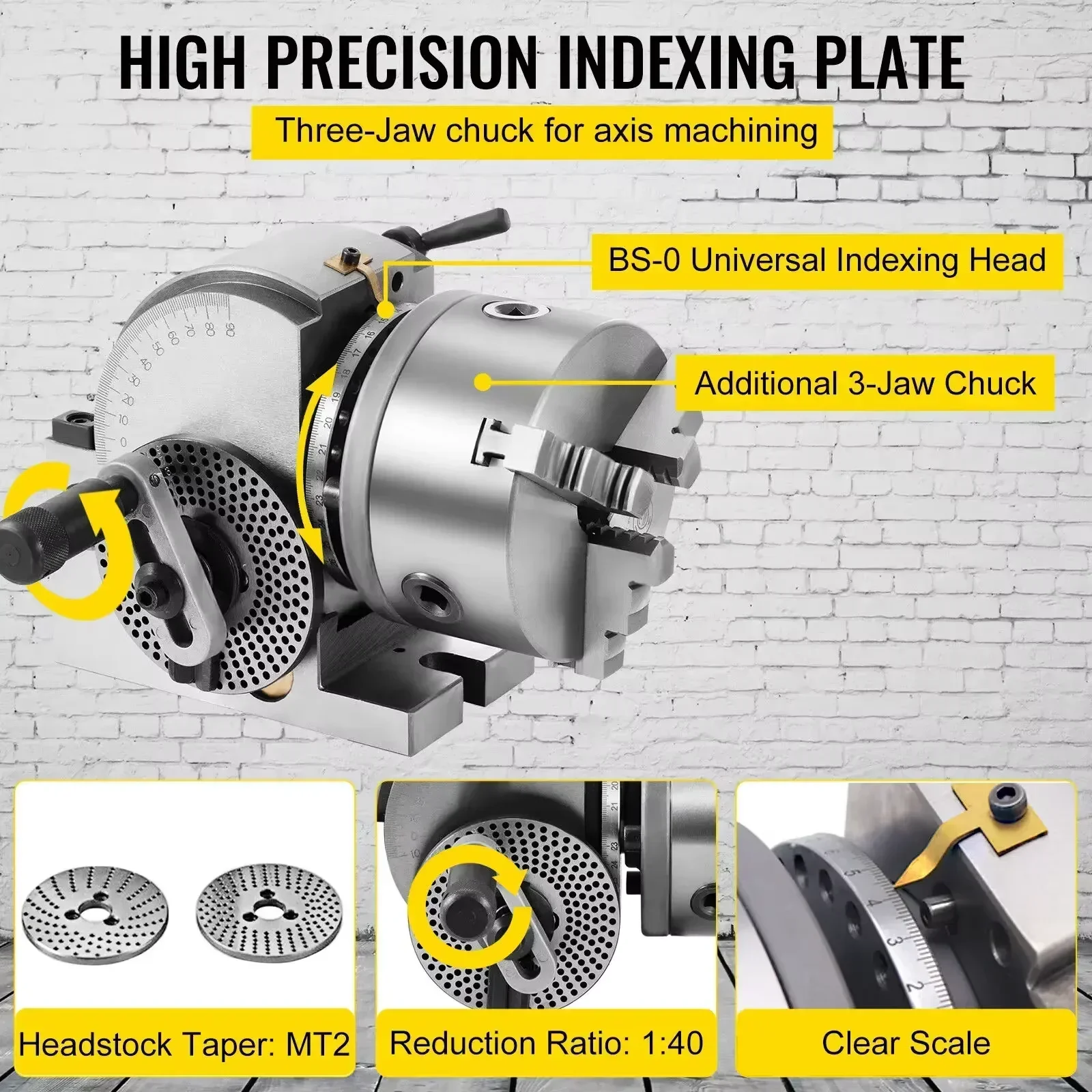 ​​SIHAO BS Universal Dividing Head 4/5/6 Inch, High Accuracy Indexing Head with 3-Jaw Chuck Tailstock, Milling Drilling Grinding Machine Accessory