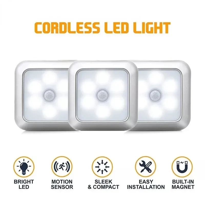 6 LED Motion Sensor Lights Indoor Stair Puck Light Cordless Step Night Light For Under Cabinet Hallway Stairway Closet Kitchen