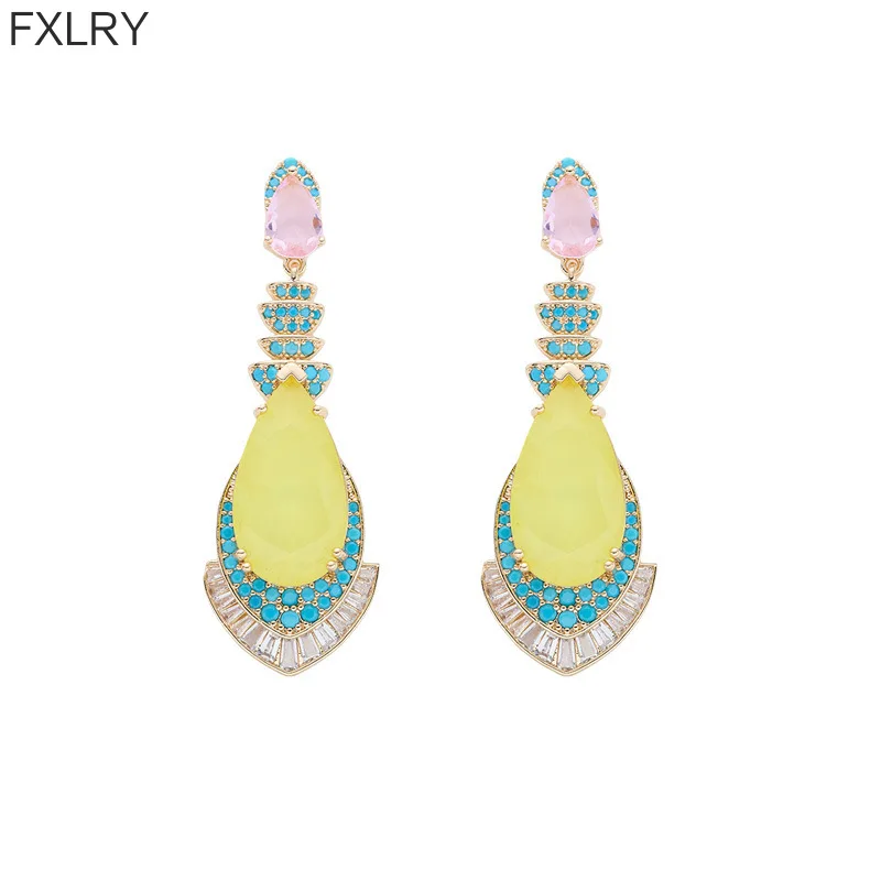 FXLRY Zircon Water Drop Earrings Copper Gold Plated Color Treasure S925 Silver Long Dinner Earrings For Women