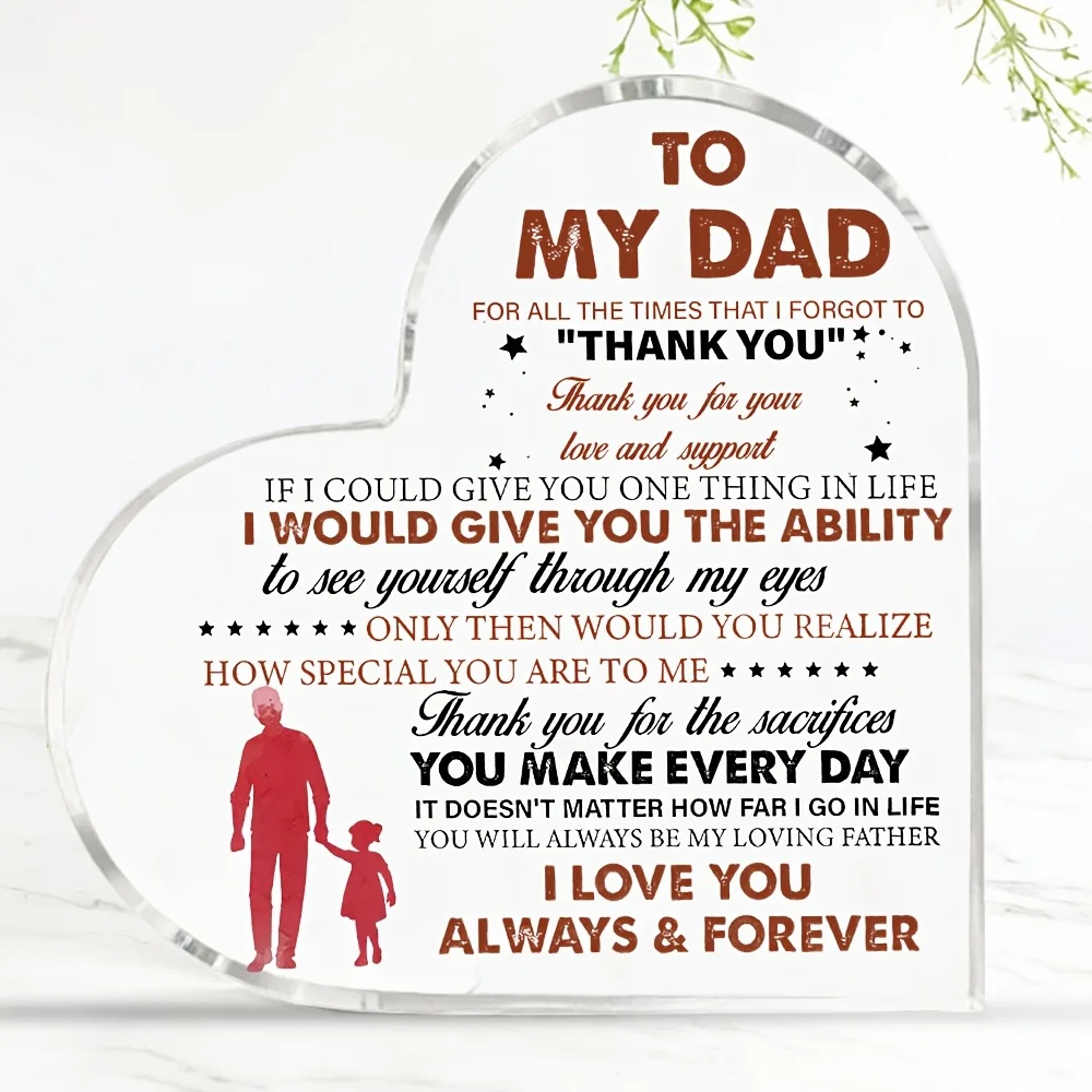 2D Flat, to My Dad Acrylic Heart Sign Suitable for Dad's Birthday, Father's Day Gift - Retro Father-Daughter Silhouette Tabletop