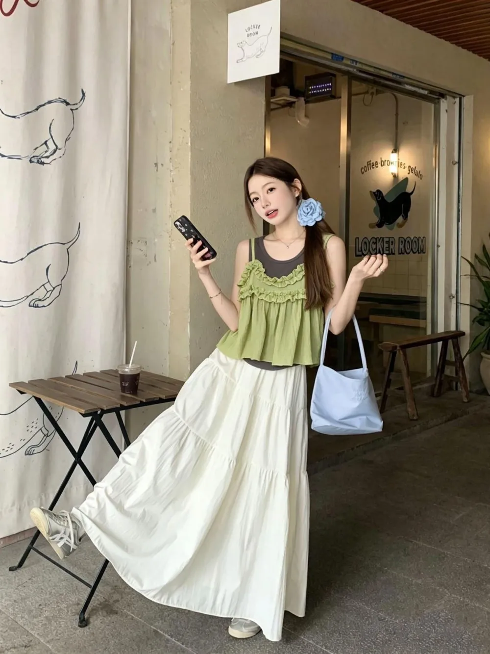 

Kumikumi Soft Style Color Vest High Waist Halter Women's Summer Slimming Skirt Set Three Pieces Fashionable Ensemble